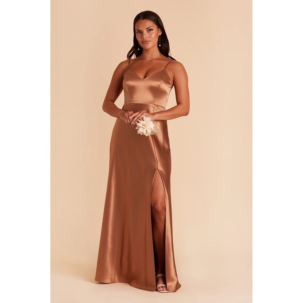 Birdy Grey Jay Dress Shiny Satin Rust Orange Bridesmaid Formal Maxi Slit Size L